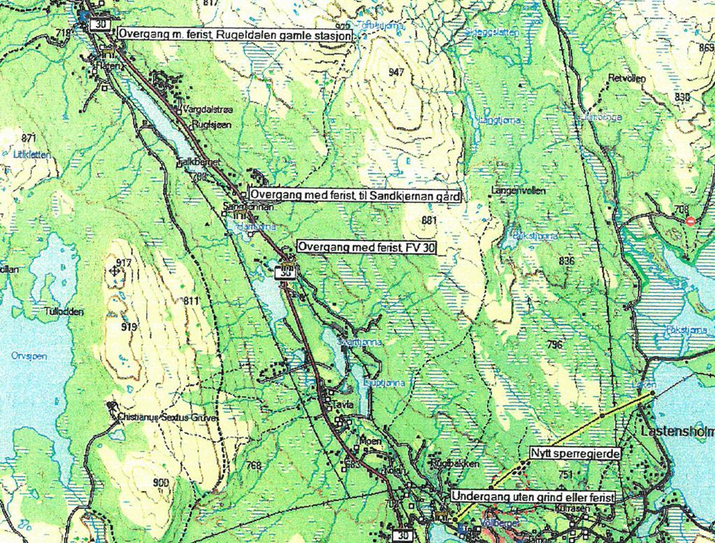 Side: 3/5 Kart 2. Sentrale over- og undergangen langs jernbanelinja på strekingen Rugldalen Glåmos.