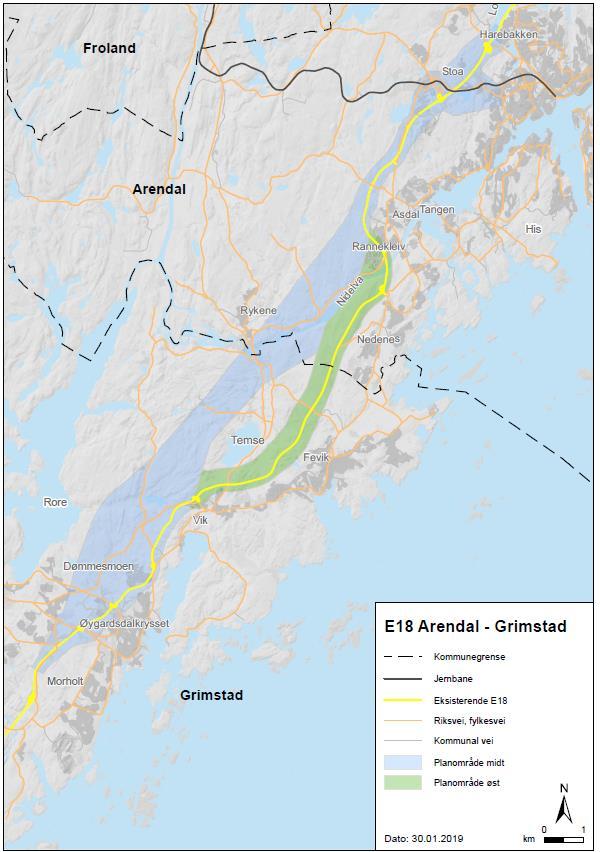 Innledning Nye Veier utarbeider en kommunedelplan med konsekvensutredning for ny E18 fra Dørdal til Grimstad, inndelt i delstrekningene Dørdal Tvedestrand og Arendal Grimstad.