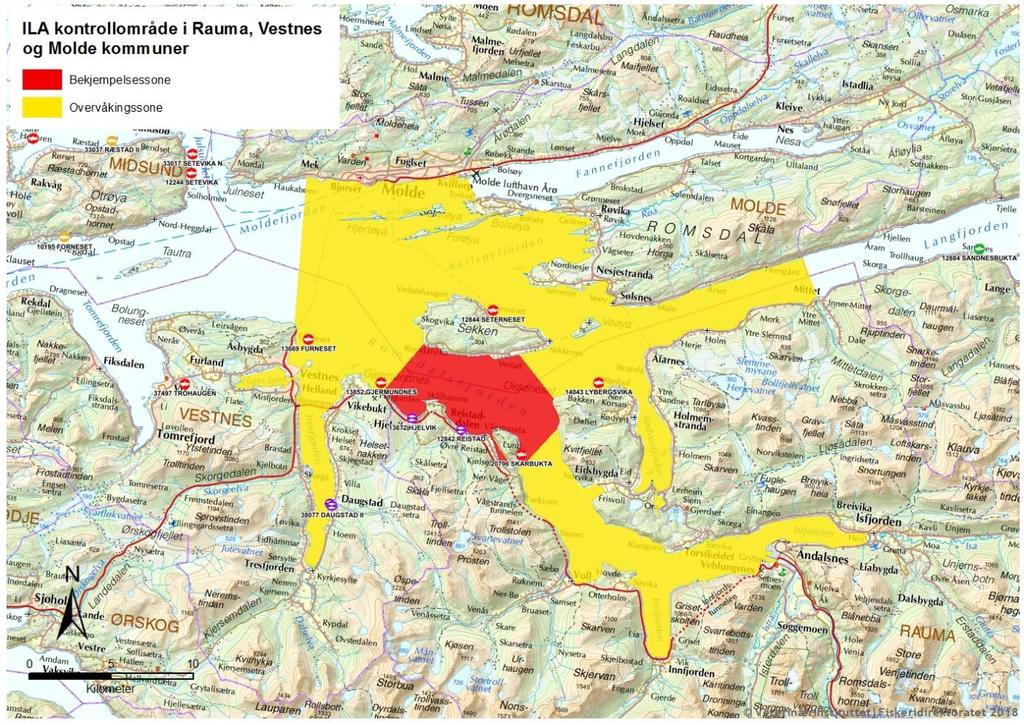 Vedlegg 1 kart: Kart over ILA-kontrollområde i Rauma, Vestnes og Molde kommuner, Møre og Romsdal.