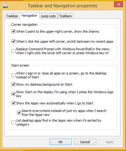 Tilpasse Startskjermen I Windows 8.1 kan du tilpasse startskjermen slik at du kan starte direkte på Skrivebordmodus og tilpasse organiseringen av appene på skjermen.
