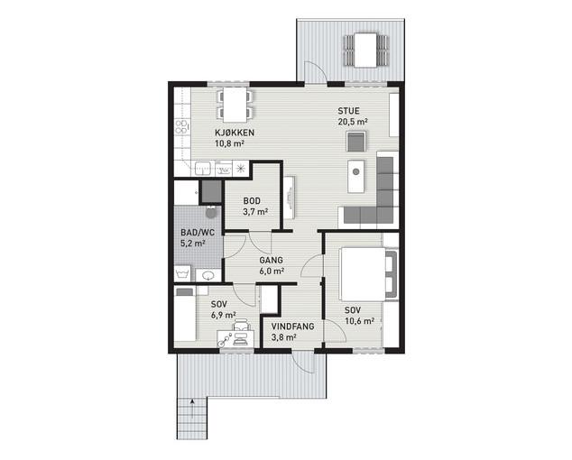 5-roms leilighet Areal: Ca. 110 m² BRA "Trysilhus Original Pluss" TRYSILHUS ORIGINAL PLUSS Leiligheten i 2. etg leveres med samme planløsning som på Trysilhus Original.