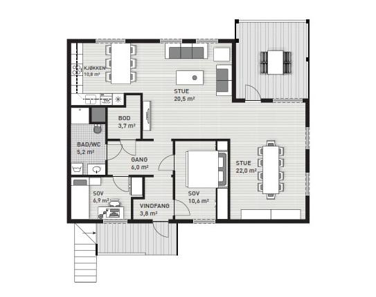 5 - roms leilighet Areal: Ca. 130 m² BRA "Trysilhus Ekstra Pluss" TRYSILHUS EKSTRA PLUSS Leiligheten i 2. etg. leveres med samme planløsning som på Trysilhus Ekstra.