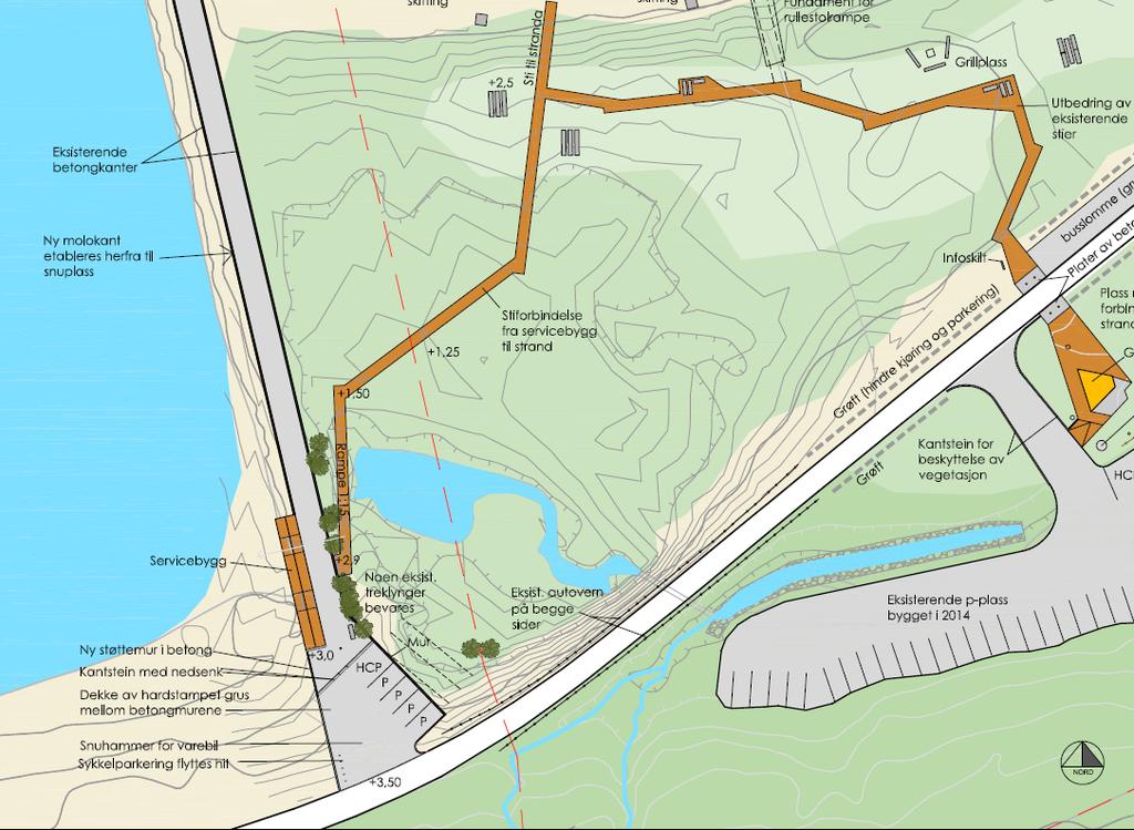 Figur 1. Utsnitt av landskapsplan for området ved Ersfjordstranda. Nytt servicebygg og parkering er planlagt i tilknytning til eksisterende molo. 2. HYDROGEOLOGISK BESKRIVELSE 2.1. Geologi Geologi og topografi er nærmere beskrevet i Asplan Viaks notat; Vurdering av grunnforhold Ersfjordstranda (2018).