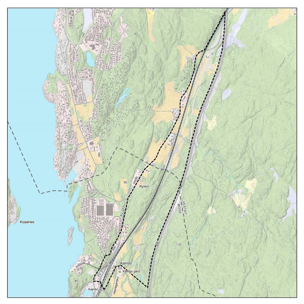 16 av 41 3.1 Kambo 3.1.1 Beliggenhet og avgrensning Figur 2 Svart stiplet linje viser avgrensning av planområdet ved Kambo. Grå stiplet linje viser kommunegrensen mellom Moss og Vestby.