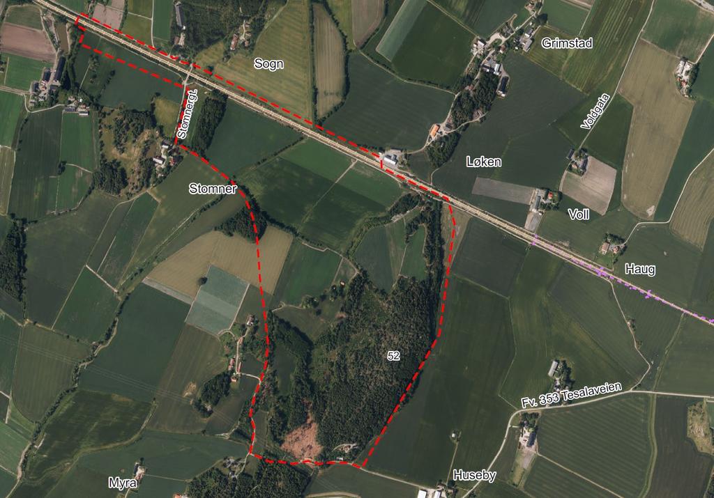 21 av 41 3.3.2 Dagens situasjon Figur 7 Rød stiplet linje viser avgrensningen av planområdet på Grimstadtoppen. Størrelsen på planområdet er ca. 720 daa.