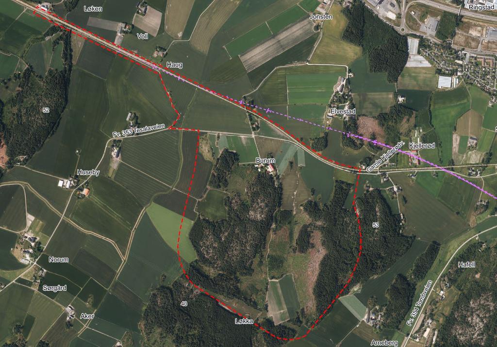23 av 41 3.4.2 Dagens situasjon Figur 9 Rød stiplet linje viser avgrensningen av planområdet på Kjellerødåsen. Størrelsen på planområdet er ca. 498 daa.