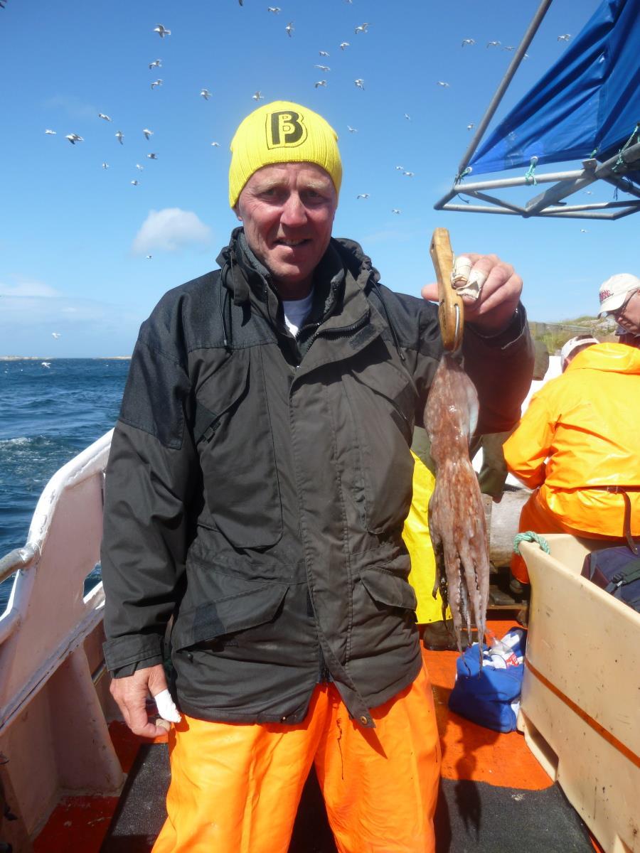 Det er ikke bare fisk som kommer opp fra dypet. Morten Hvam, Båstad HK har her fått opp en blekksprut.
