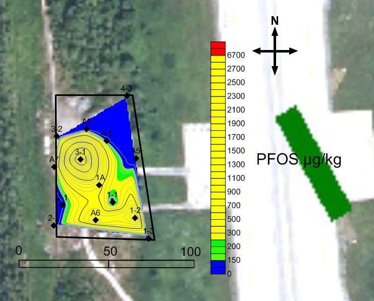 Figur 2-1: Viser interpolert PFOS-konsentrasjon i jord på og rundt BØF A for fyllmasser 0-2,5 meter under terreng.