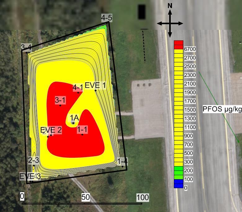 Figur 2-2: Viser interpolert PFOS-konsentrasjon i jord på og rundt BØF A for torvmasser med mektighet 0,3 meter.
