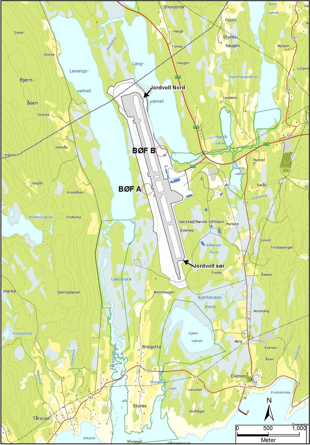 Figur 1-1: Oversiktskart for Harstad/Narvik lufthavn, Evenes, og omkringliggende resipienter, med angitt plassering av