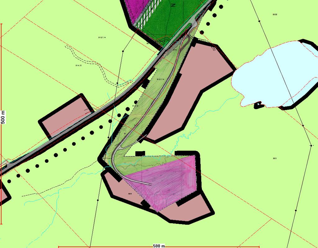 Figur 2: Plansituasjon, gjeldende reguleringsplan med kommuneplanens arealdel (2017) i bakgrunnen. Rosa farge er masseuttak både på reguleringsplannivå og kommuneplannivå.