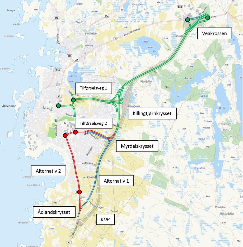 Konsekvensene av begge alternativene har blitt vurdert fra Åkra sør til Veakrossen Reguleringsplaner for begge alternativene har blitt utarbeidet
