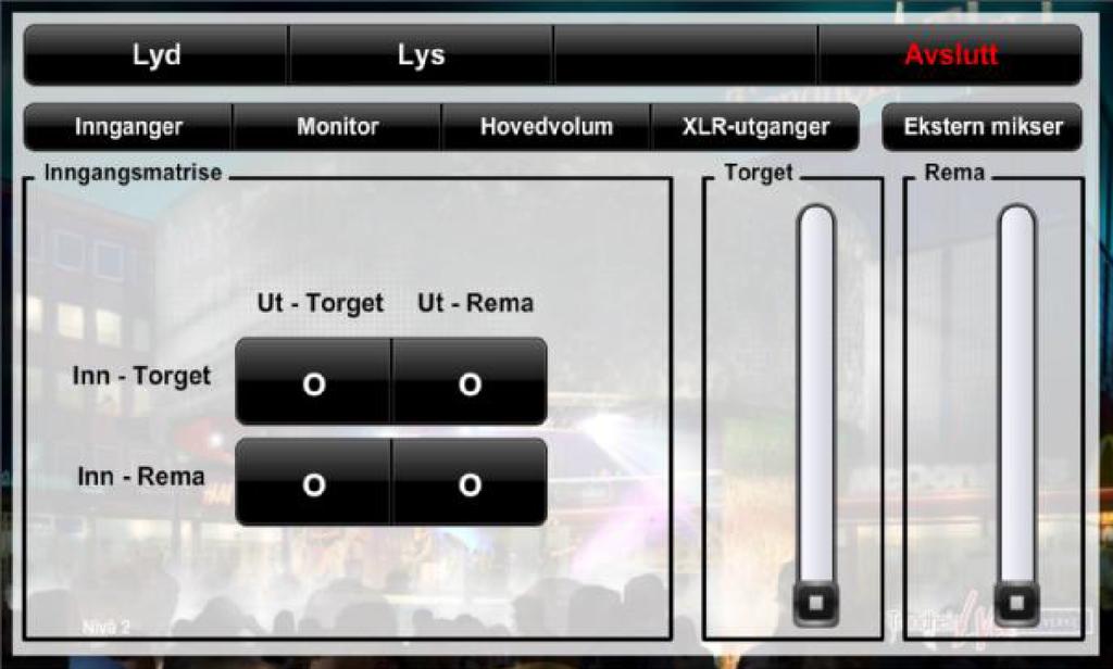 Disse kan skrues av ved hjelp av RCF Sub Mute -knappen. Under vises lydmenyen for Ekstern mikser -inngangene. Ekstern mikser kobles l på lkoblingspanelet under berøringsskjermene.