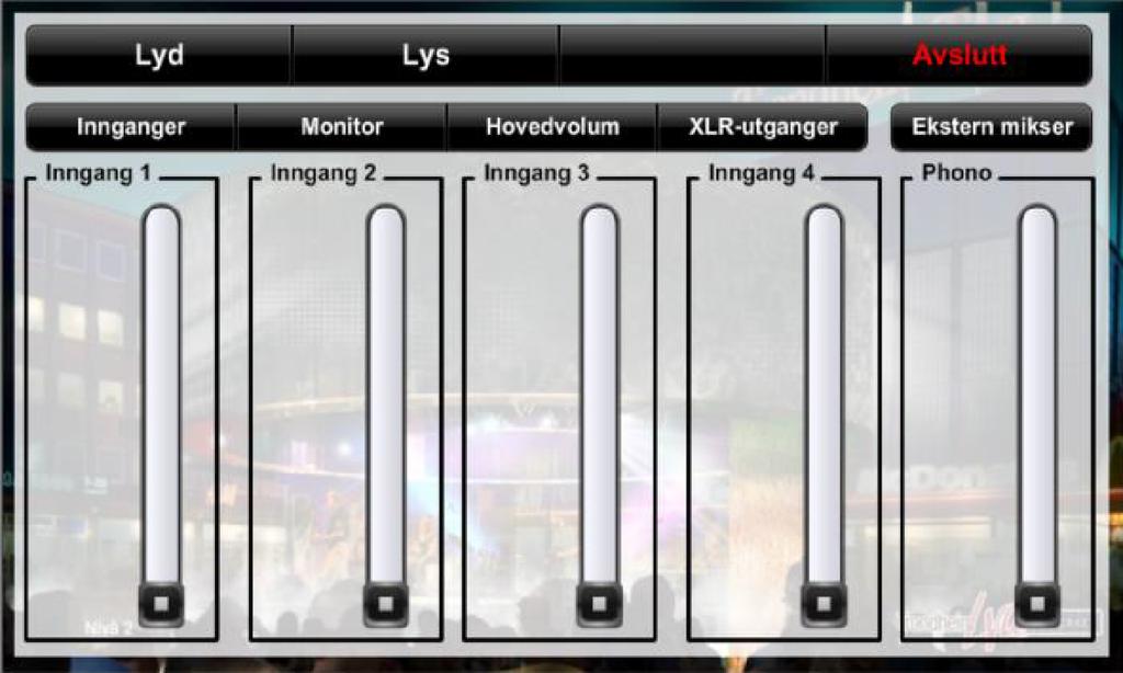 Mute-knapp. Volum justeres med glidebryter. Under vises lydmenyen for Monitor.