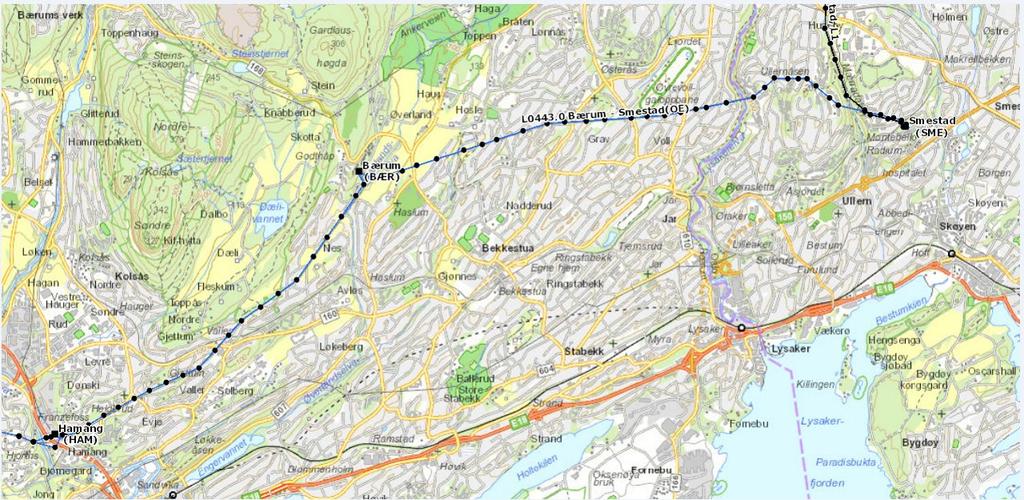 Hamang-Bærum-Smestad Dagens ledning er 12 km og går gjennom Bærum- og Oslo kommuner Hamang-Bærum stasjon (5 km) Bærum stasjon-smestad (7 km) Første prosjekt i Nettplan