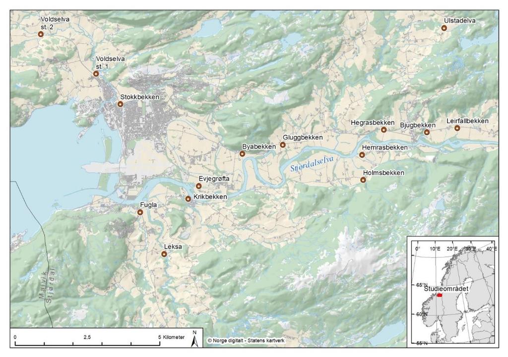 2 Metoder Totalt ble det undersøkt 20 bekker og elver i Stjørdalsvassdraget