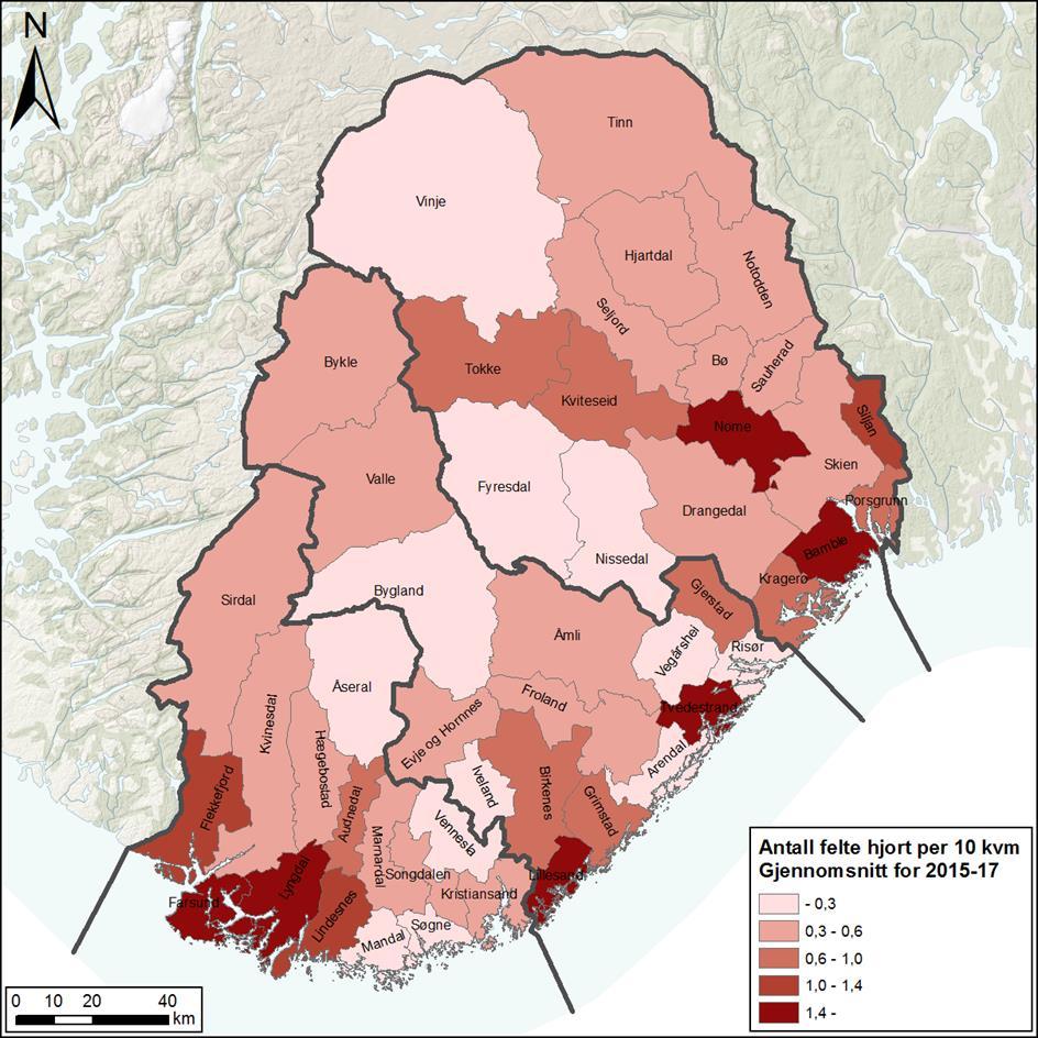 Figur 2. Felt hjort pr 10 km² (gjennomsnitt for de tre årene 2015-2017) i fylkene Auste- Agder, Vest-Agder og Telemark fordelt på kommunenivå.