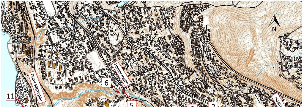 Figur 1 - Plassering av bruer og kulverter Kommentarer For videre arbeid med tiltaksplanen anses kryssingene ved Dampsagvegen å være av stor betydning for å sikre bebyggelse mot skader ved en flom.