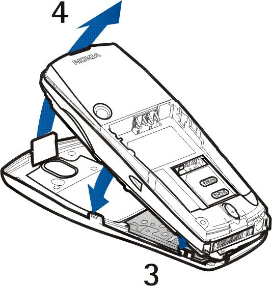 4. Når du skal sette på igjen frontdekselet, plasserer du klemmene på nedre del av dekselet i hullene nederst på telefonen (3) og trykker forsiktig klemmen på toppen av dekselet gjennom låshullet