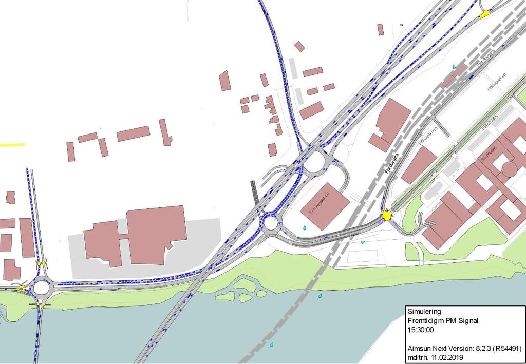 Figur 13 Simulering ettermiddagsrush, 15:50 Trafikken ut av Bragernestunellen har store problemer med å komme inn i Brakerøyakrysset i beregningene for nytt kryss ved sykehuset.