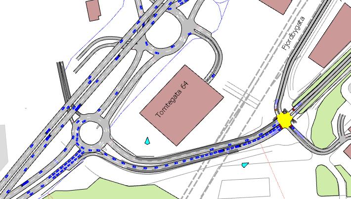 Strandveien. Enkelte av simuleringene viser saktegående trafikk gjennom rundkjøringen, men svært sjeldent og over en kort perioder.