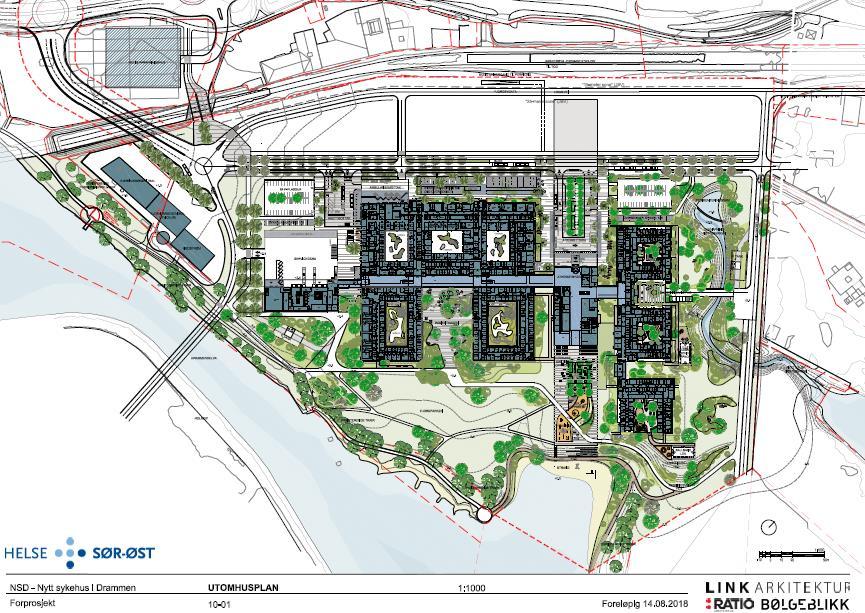 3. PLANFORSLAG Landskapsplan for sykehuset er vist i Figur 5. For detaljer beskrivelse av vegnettet se, «S-RAP- 001 Oppsummering skisseprosjekt_rivei». Figur 5 Landskapsplan (Link akritektur, 14.08.