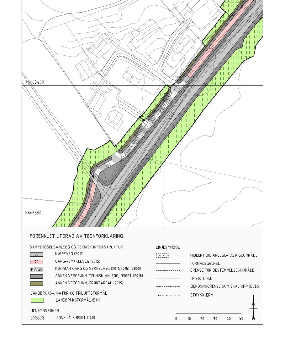 Figur 1-18: Eksempelet viser utsnitt fra reguleringsplan med kombinert formål for samferdselsanlegg (kode 2800) som kombinerer