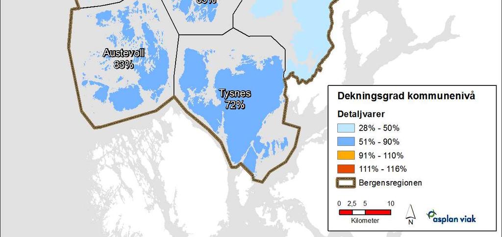 Side 14 av 23 5.1 Dekningsgrad, detaljvarer Os kommune har ei dekningsgrad for detaljvarer på 85%. Det er altså ei lita lekkasje, og det aller meste kan reknast å gå til Bergen.