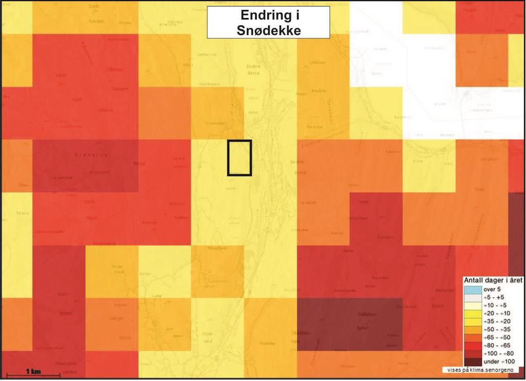 Figur 21: Modellen viser endring i talet på dagar med snødekke frå 1961-1990 til 2070-2100.