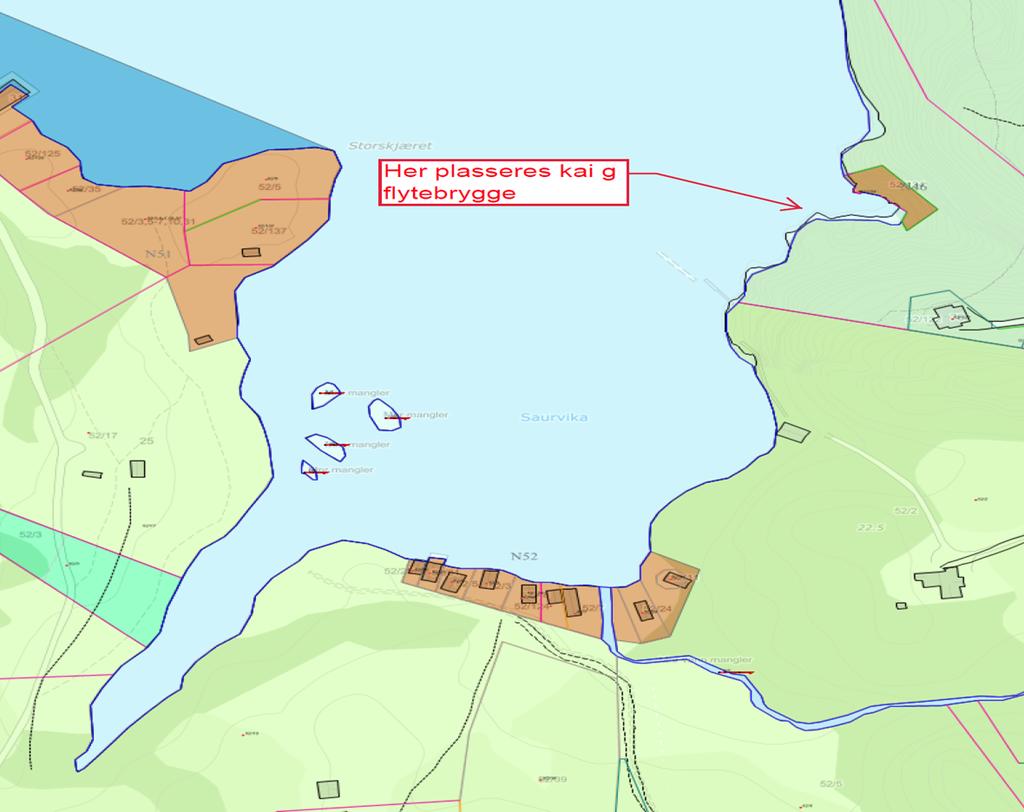 Bakgrunn for saken: Tiltakshaver søker om å etablere kai og flytebrygge med landgang på G/B 52/1. Anlegget skal nytes av grunneier og Tom Sommerens, eier av 52/122.