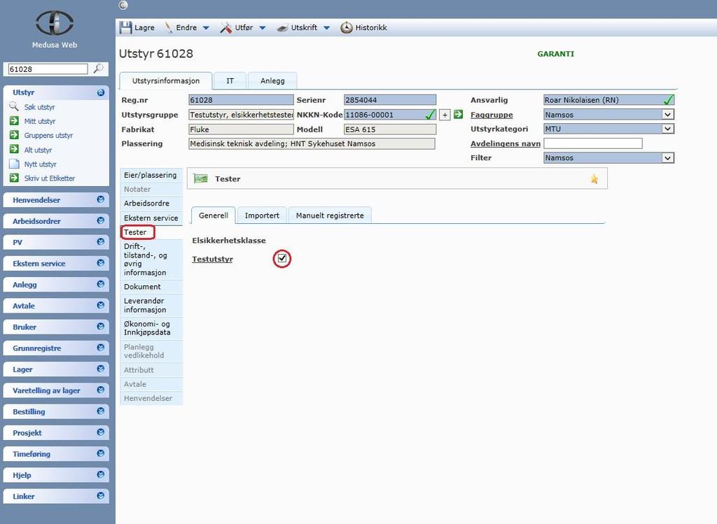 Utstyr detaljert støtte Tester Under Tester kan man angi om det aktuelle utstyret er testutstyr.