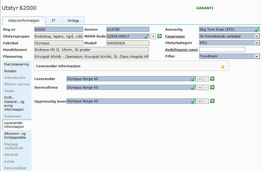 Utstyr detaljert støtte Leverandørinformasjon Her settes inn leverandør av utstyret.