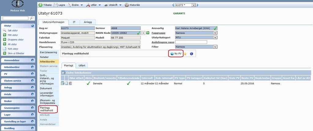 Utstyr detaljert støtte Planlegg vedlikehold Planlegg vedlikehold her finner man vedlikehold som er planlagt, og man kan legge til flere planlagte vedlikehold.