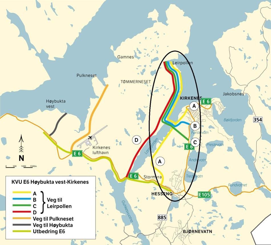 4. Konseptet Leirpollen vegalternativ B/C (tunnel til Slambanken, veg til Leirpollen) Konseptet omfatter to alternative vegtraséer fra Kirkenes/dagens E6.