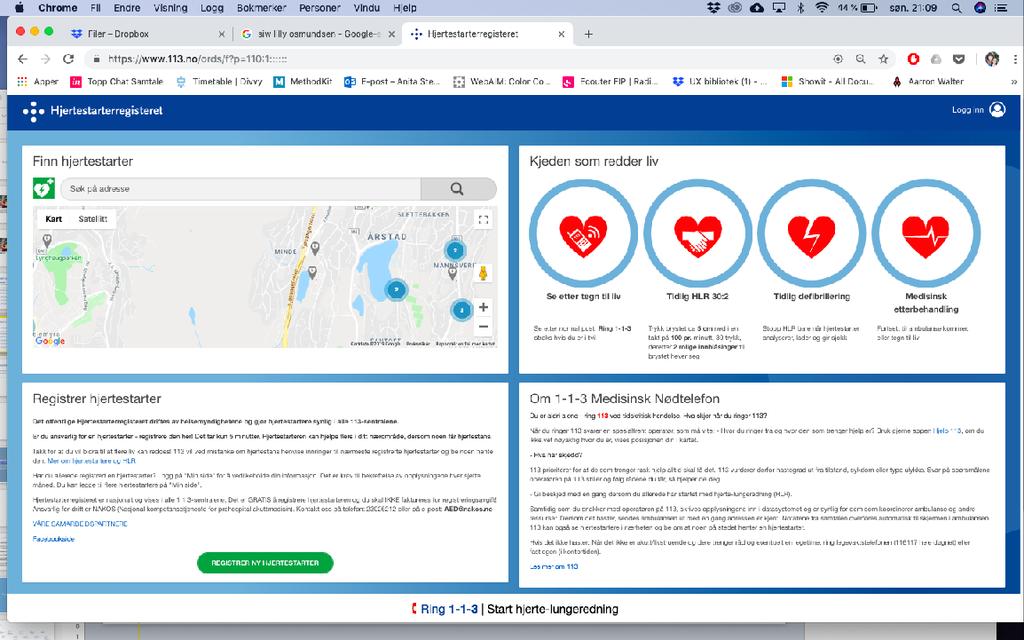 Bakgrunnen Dagens 113.no er det offentlige Hjertestarter- registeret, for å finne og registrere hjertestarter.
