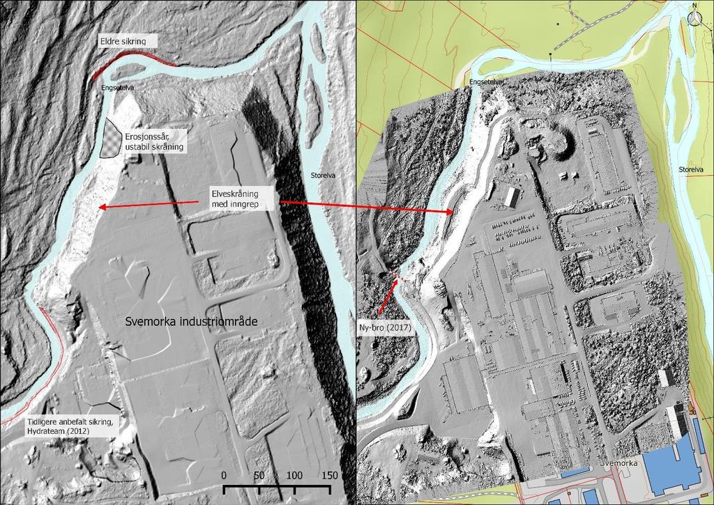 Figur 1 Sammenligning av terrengmodeller fra 2015 (NDH Møre Vest 2pkt) og terrengmodell fra 2017 (Longvas oppmåling) Elveløp Hele høyre bredde av Engsetelva i det aktuelle området, mot Svemorka, er