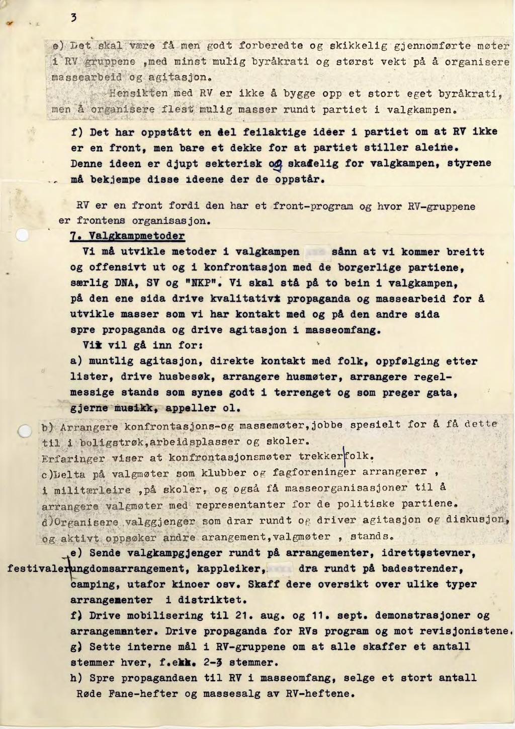 e) Det skal være få men godt forberedte og skikkelig gjennomførte møter i RV gruppene,med minst mulig byråkrati og størst vekt på å organisere massearbeidog agitasjon.