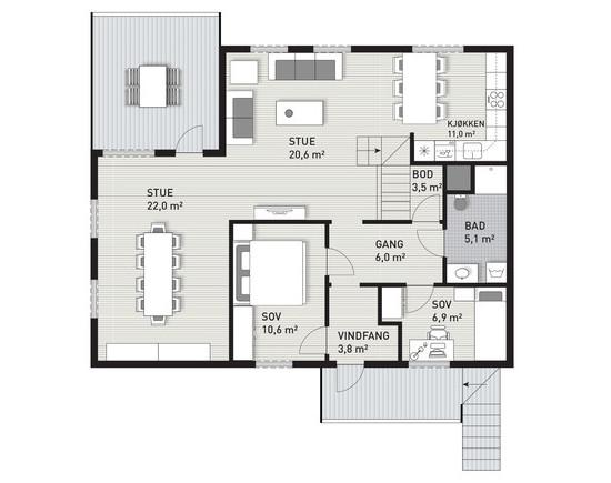 5-roms leilighet Areal: 130 m² BRA "Trysilhus Ekstra Pluss" Leiligheten i 2. etg. leveres med samme planløsning som på Trysilhus Ekstra. Fra stuen er det en trapp til loft.