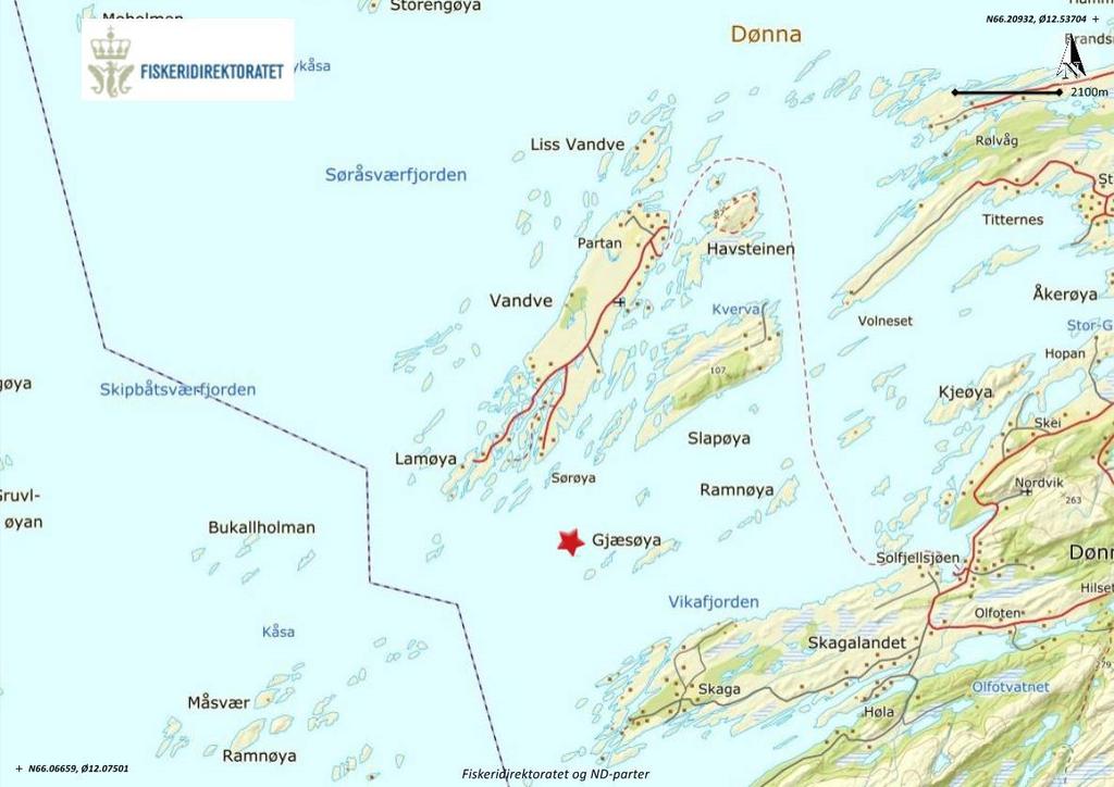 2. Materiale og metode 2.1 Lokalitet Området hvor det er planlagt å opprette anlegget ligger rett vest for Gjæsøya i Vikafjorden i Dønna Kommune, Nordland (figur 2.1.1).