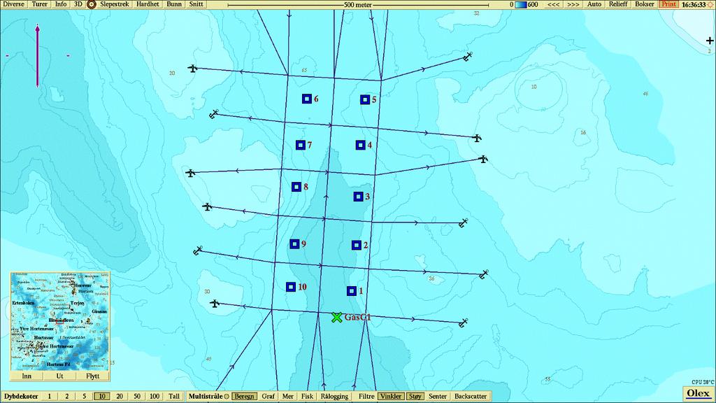 Figur 5: Sjøkart som viser bunndata fra Gåsflestaren i 0,93 meters oppløsning, planlagt anleggsplassering og fortøyningsliner sammen med prøvestasjoner fra