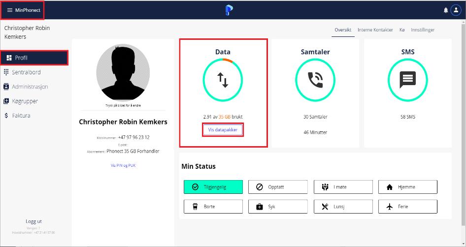 Bestilling av datapakker Bestilling av datapakker skjer fra profilsiden. Trykk på «hamburger-baren» øverst i venstrehjørnet, deretter velge «Profil» for å komme hit.