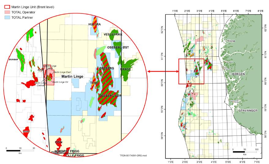 2.1 Beskrivelse av virksomheten 2.1.1 Beliggenhet og lisensforhold Martin Linge-feltet er lokalisert i den nordvestre delen av Nordsjøen (blokk 29/6, 29/9, 30/7 og 30/4) nær grenselinjen til britisk