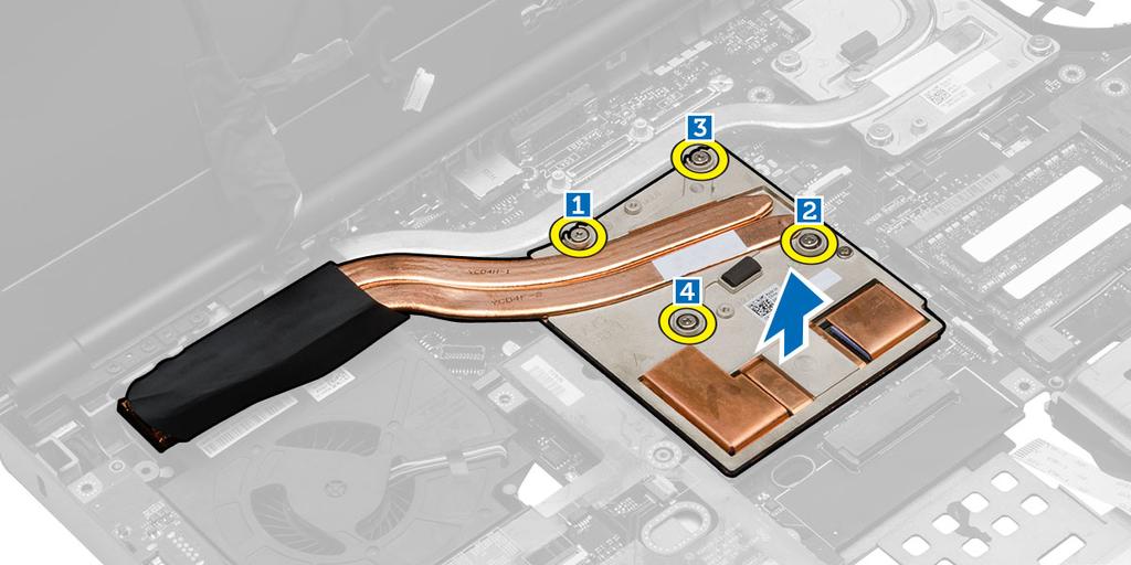 3. Utfør følgende for å fjerne skjermkortets varmeavleder: a. Koble fra LVDS-kabelen [1]. b. Skru ut skruene som fester LVDS-kabelbraketten til datamaskinen. [2] c.