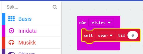 Undervisningsøkt 3: Sant eller usant Vi skal lage en kode som kan hjelpe oss og avgjøre hva som er sant eller usant. Når man rister på micro:bit, skal den vise Sant eller Usant i led-displayet.