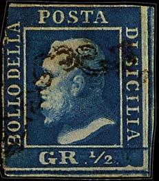 april 1859, var opprinnelig frankert med to merker i verdien ½ grano trykket med merkets trykkplate 2 i mørk blå farge i stedet for den normale gulfargen.