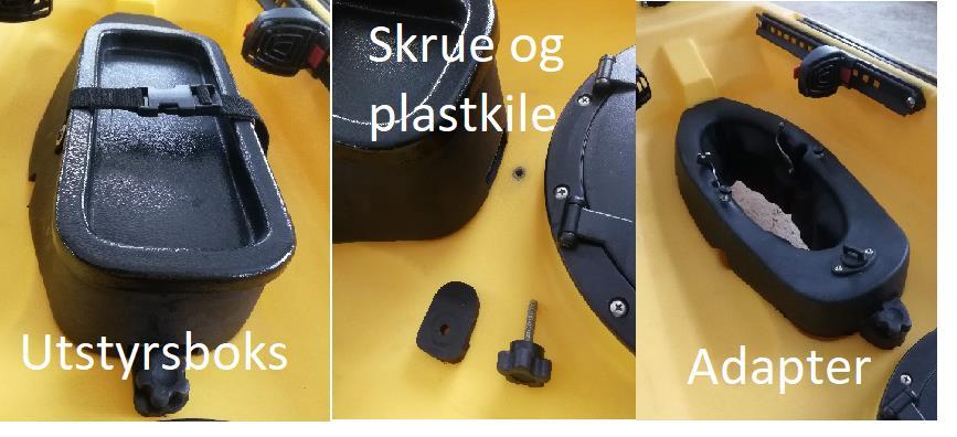 På bakre del av setet skal tommelskruen gjennom hullet på platen og skrues ned i skruehullet på kajakken. Påse at setet er dyttet godt bakover nå du gjør dette.