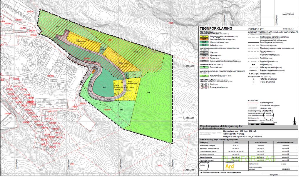 Figur 2: Plankart mottatt frå Ard arealplan AS. Det er plan om å etablera rekkehus i fire områder. BKS1 BKS4. 2.2 Hellingskart og topografi Planområdet er på kring 30 daa og strekk seg langs eit aust-vestorientert dalsøkk.