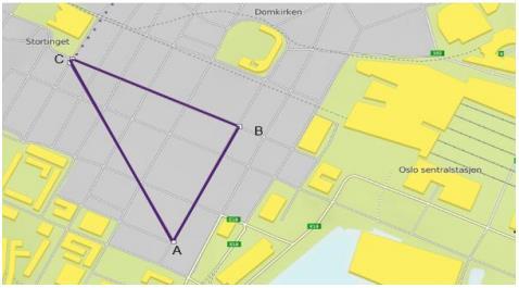 Oppgave 2 (4 poeng) I kartet ovenfor ser vi en del av Oslo. Trekanten ABC i kartet er rettvinklet. På kartet er AB = 6 cm og BC = 8 cm. a) Bestem lengden AC på kartet.