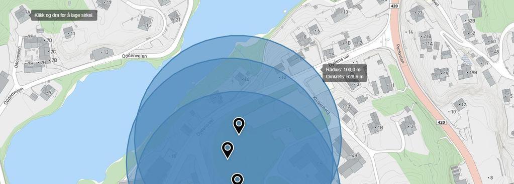 Figur 8 viser en radius på 100 m fra antatte ytterpunkter for sprengningsarbeidene.