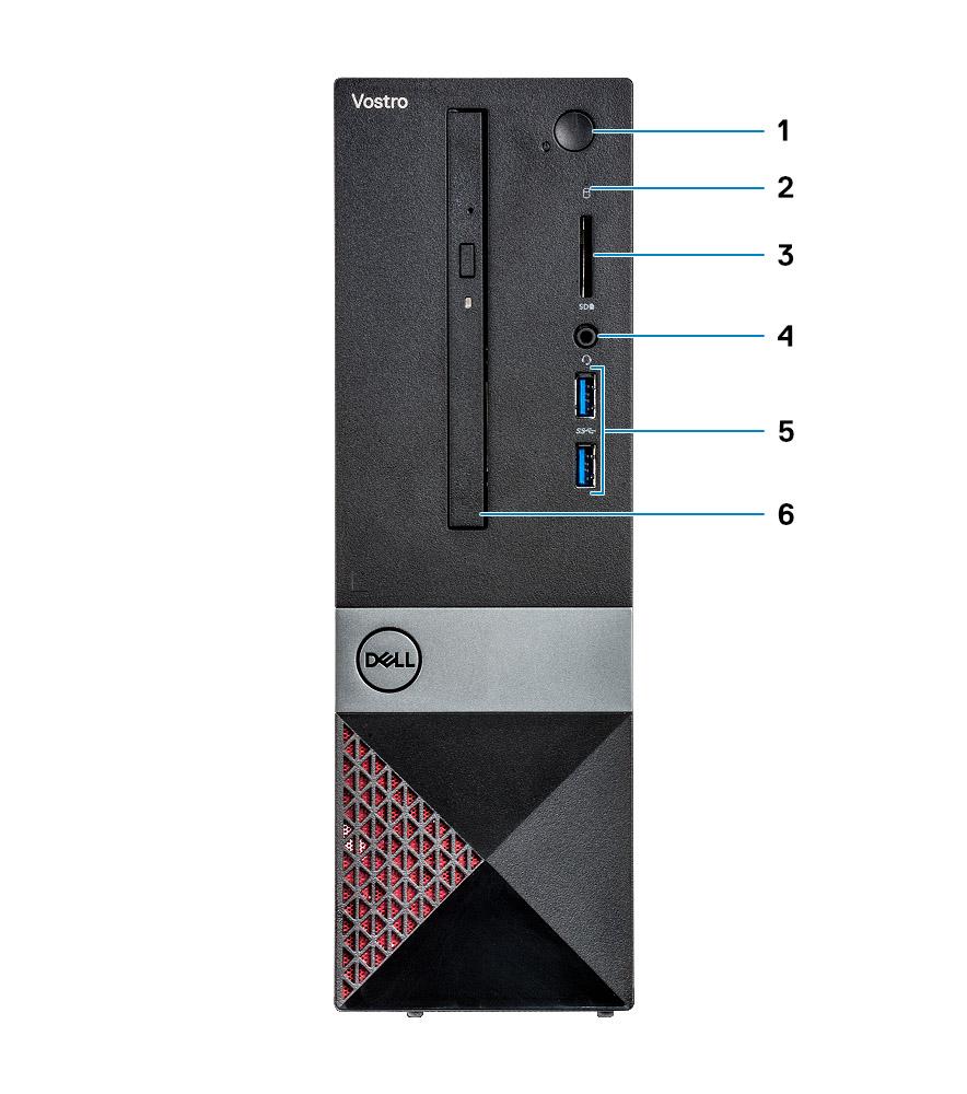 2 Kabinett Systemet sett forfra 1 LED for strømknapp/strømstatus 2 Aktivitetslampe for harddisk 3